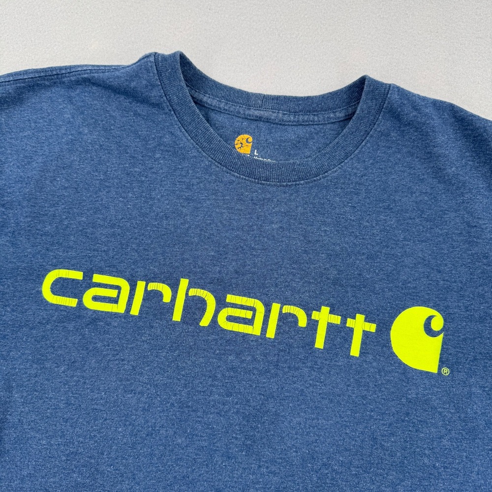 Distressed Carhartt Mens L Blue Heather Yellow Logo Graphic Tee Original Fit